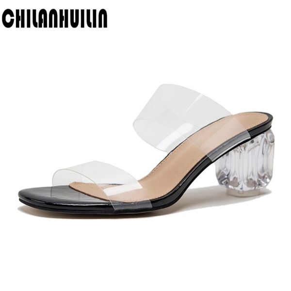 

design transparent pvc sandals women open toe fashion sandals block heel beach crystal slippers ladies pumps, Black