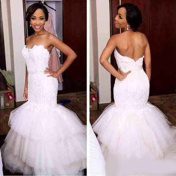

white mermaid trumpet wedding dresses lace tulle appliques sweetheart tiered backless floor length bridal gowns