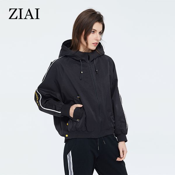 

women spring short black with hooded windproof trench coat with zip letter drawstring windbreaker for casual, Tan;black