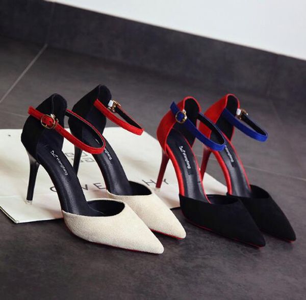 

summer 2020 new all-purpose pointy one-word button with color hollow women's sandals stiletto heels, Black