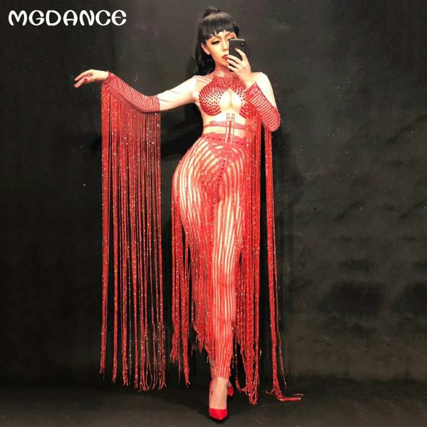 

new long tassel women glisten crystals red jumpsuit outfit nightclub singer costume stage dance ds performance clothing, Black;red