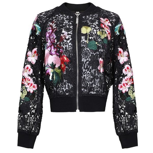

2019 new fashion designer runway jackets women long sleeve black lace flower embroidered outercoat high quality, Black;brown