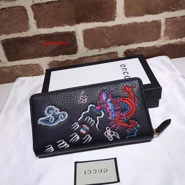 

2020 celebrity design letter embossing embroidery dragon purse zipper wallet cowhide leather black 473931 clutch