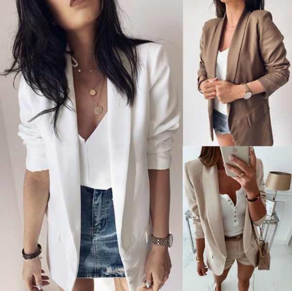 

2019 europe and the united states autumn long-sleeved solid color double pocket lapel small suit women's clothing, White;black