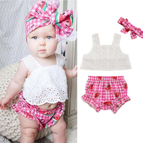 

3pcs newborn baby boy girl lace sleeveless watermelon print shorts bottoms +headwear sets 3-24, White