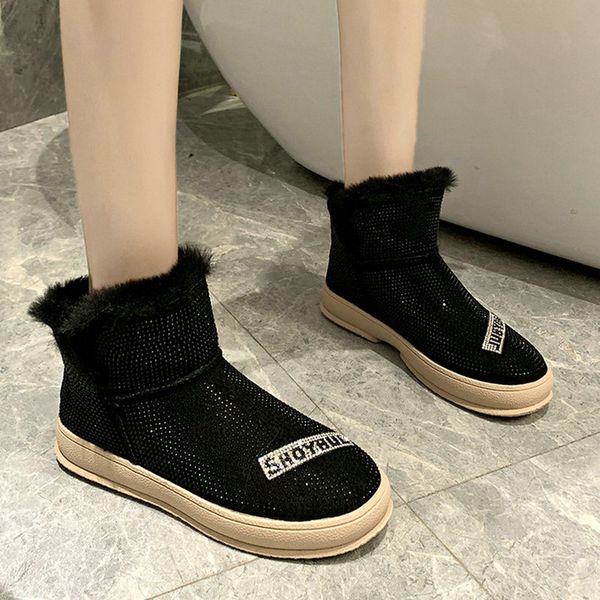 

size 35-51 nice new women ankle snow boots winter full of bling elegant shoes woman flat heels female platform fur inside flats, Black