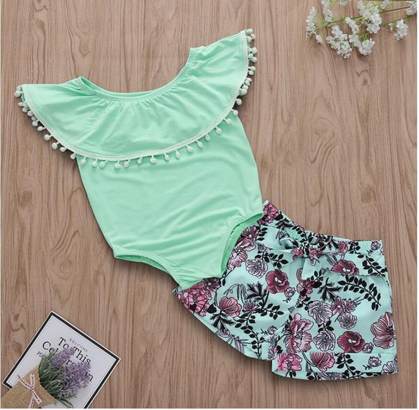 

baby sleeveless lotus collar romper and short pants set girl summer sleeveless and floral print suit kids clothes two pieces zht 181, White