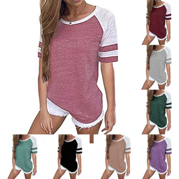 

women casual contrast color t-shirt summer short sleeve loose striped t shirts round neck girls tee plus size tshirts s-5xl sale b3123, White