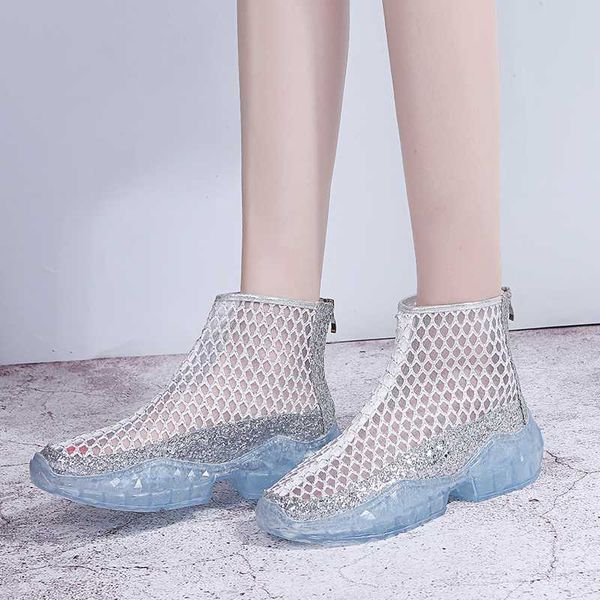

summer boots ladies shoes woman fashion transparent boots thick bottom platform zipper hollow breathable crystal shoes, Black