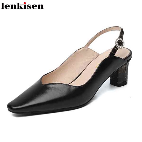 

lenkisen handmade all-match full grain leather small square toe thin high heel young lady gentlewomen sandals l22, Black