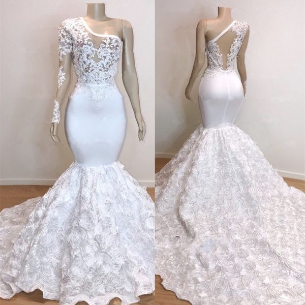 

one shoulder black girls prom dresses long appliques illusion long sleeves mermaid evening dress rose train african 2k19 party vestidos