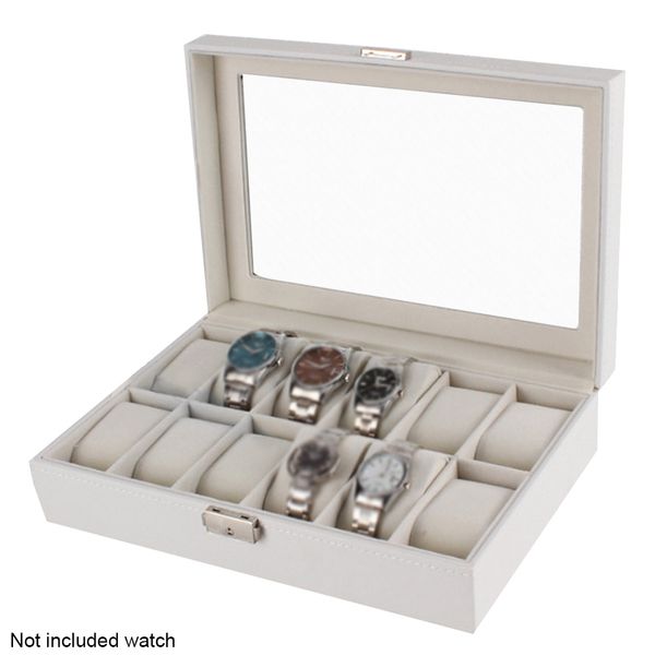 

display case durable luxury large wooden white gifts storage dustproof organizer 12 slots home watch box, Black;blue