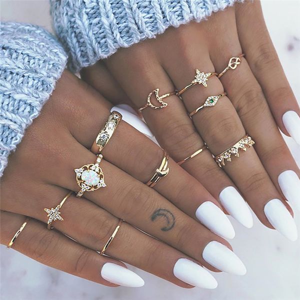 

vintage leaf flower crystal opal knuckle ring sets for women new 2019 boho gold heart midi anillos rings female valentine gift, Golden;silver