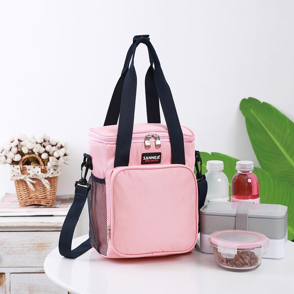 

lunch bag fresh insulation cold two way zipper closures thermal waterproof portable double-sewn mesh side pockets picnic bag, Blue;pink