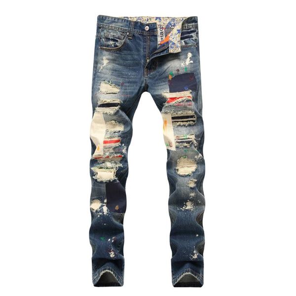 

men's jeans men runway racer biker fashion hiphop patchwork ink ripped slim fit punk for drop, Blue