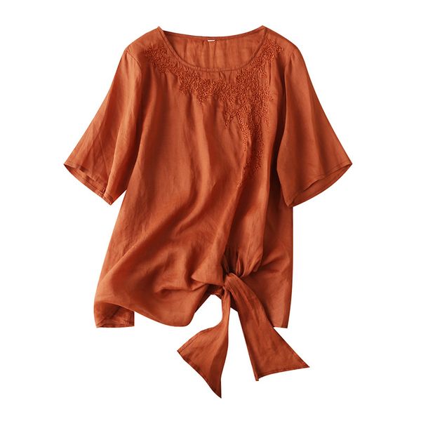 

ramie beach style embroidery mode femme printemps 2020 summer solid o-образным вырезом зашнуровать высокое качество рубашки для женщин, White