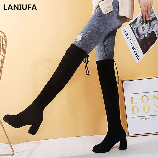 

winter slim women over-the-knee boots shoes women casual round toe high heels dress thigh high snow boots woman botas mujer &450, Black