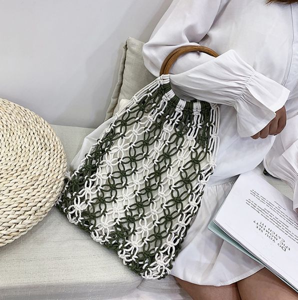 

new fashion women vintage beach handbags mesh woven hollow rope cotton travel bags purse