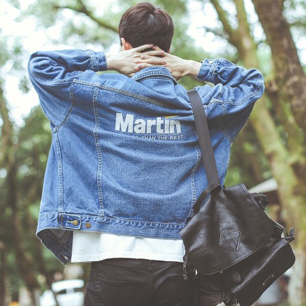 

loose men jean jacket print men overcoat turn-down collar mens clothing streetwear, Black;brown