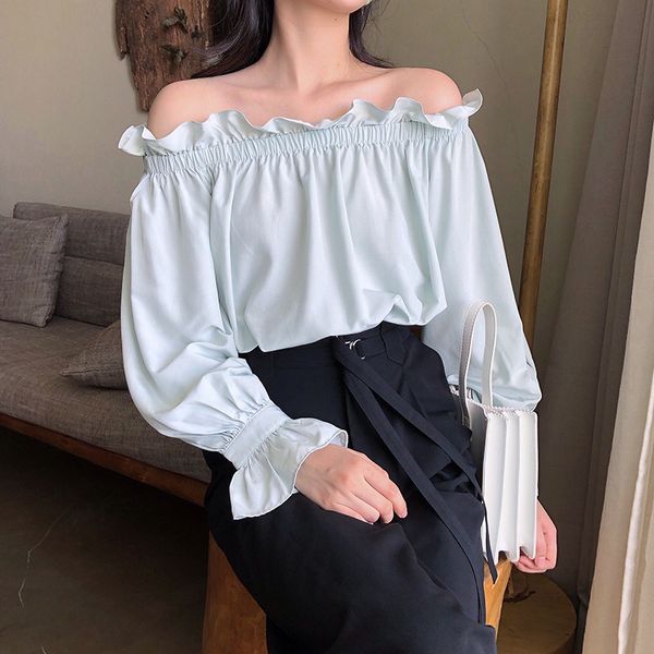 

ewq] 2020 spring new sweet slash neck women pullover shirt korea style loose ruffled lady blouse qz84206, White