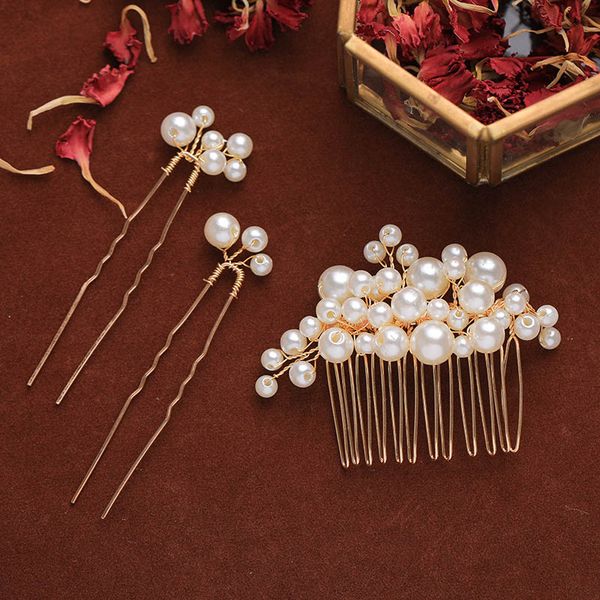 

exquisite handmade imitation pearl design hair comb set girls charming elegent luxury jewelry hairpins bride accessories lb, Slivery;golden