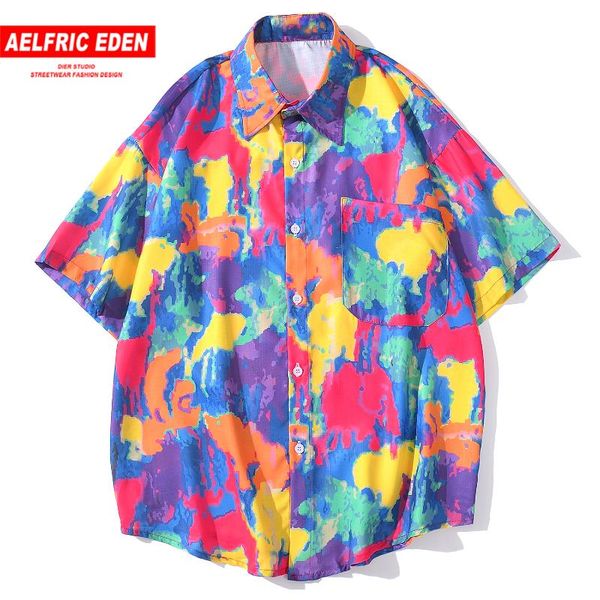 

aelfric eden 2020 summer color block shirts men hip hop hawaii beach shirt casual cotton fashion streetwear loose oversized, White;black