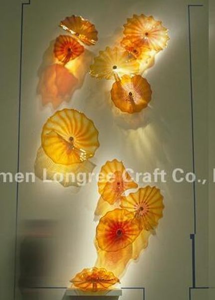 

modern home decor hand blown art glass plate table platter plate orange amber yellow wall hanging mount 16" -lrw0020