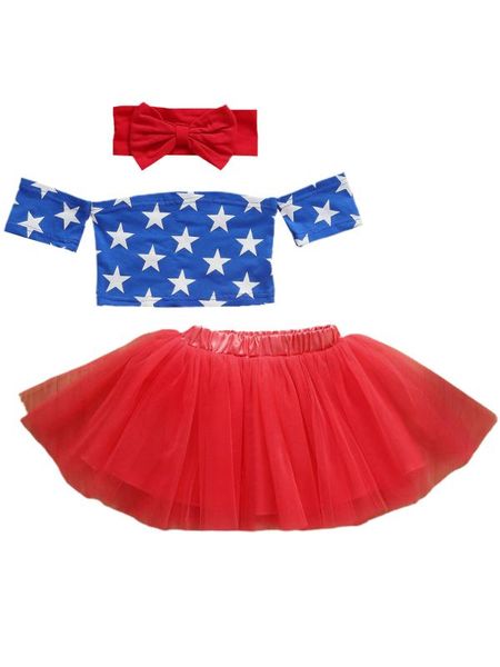 

clothing sets independence day clothes 3pcs off shoulder t shirts lace tutu skirts headband 0-3years, White