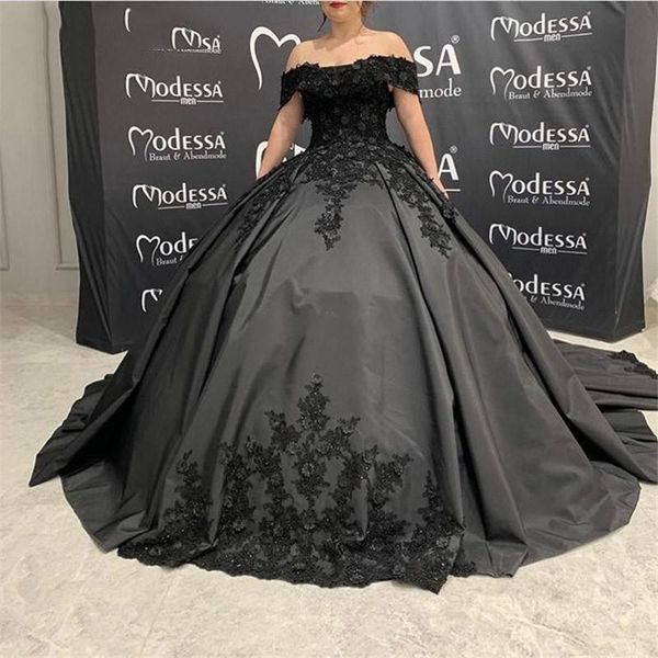 barato preto vintgae vestido de baile Sweet 16 Quinceanera Dresses namorada fora do ombro Lace apliques 3D noite Prom Vestidos Vestidos De