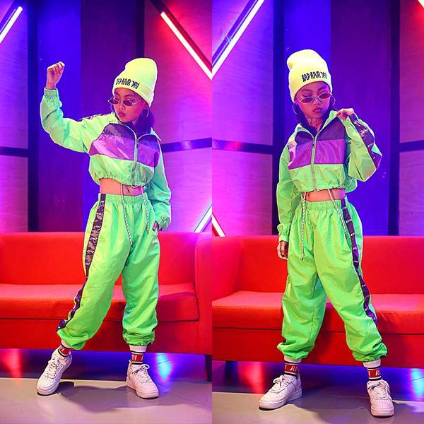 

children's hip hop dance wear girls jazz modern dancing costumes fluorescence clothing suits kids stage costumes outfits dqs2135, Black;red