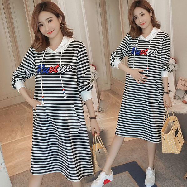 

pregnant women dress 2019 new style autumn clothing korean-style maternity clothes lettered embroidery stripes hooded t-shirt pr, White