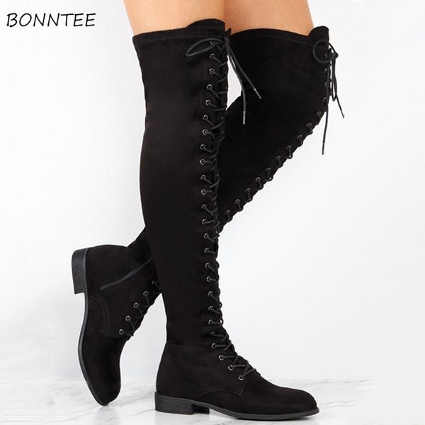 

boots women 2018 fashion over the knee flock long boot lace up round toe square heel platform shoes womens european plus size, Black