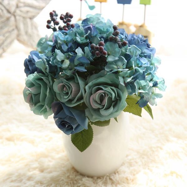 Acheter 1 Bouquet Fleurs Artificielles Rose Bleu Soie Bouquet De Fleurs Pour La Décoration De La Maison Hortensia Faux Fleur Avec Des Plantes Berry De