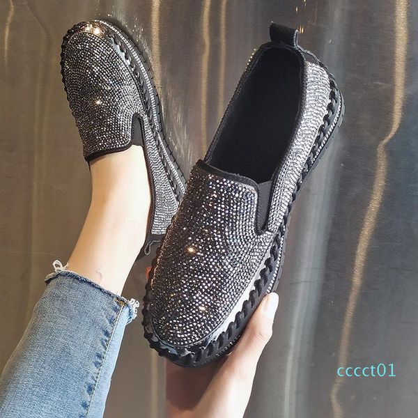 

fujin brand women sneakers slip on fashion platform flats for lady spring autumn summer slipony rhinestone blingbling 01ct, Black