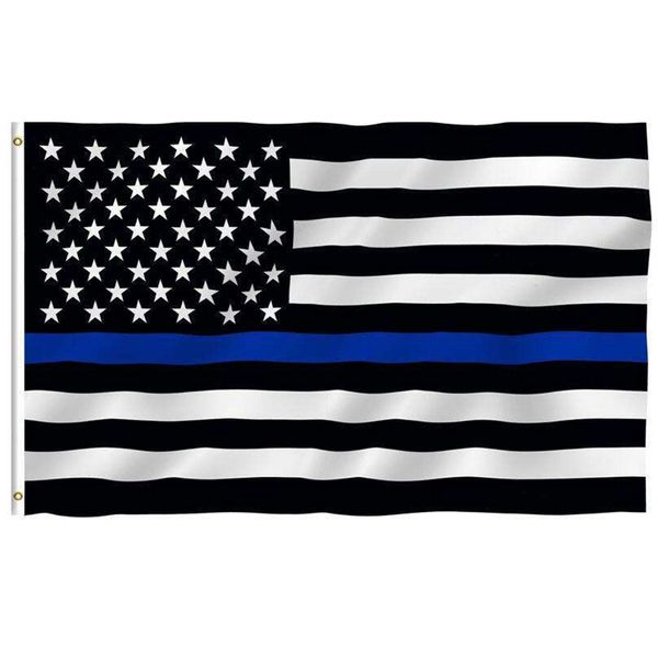 90 * 150 cm BlueLine Bandiere della polizia USA 3x5 piedi Sottile linea blu Bandiera USA Bandiera americana nera, bianca e blu con occhielli in ottone 300 pezzi