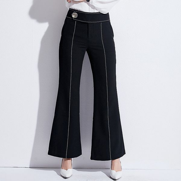 

women vintage solid contrast binding flare leg elegant pants office lady workwear women fashion flared trousers, Black;white