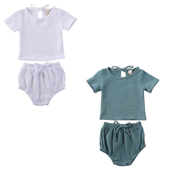 

pudcoco summer infant kids plain clothes set baby boy girl cotton&linen t-shirt+short pants outfits casual elastic 2pcs, Pink;blue