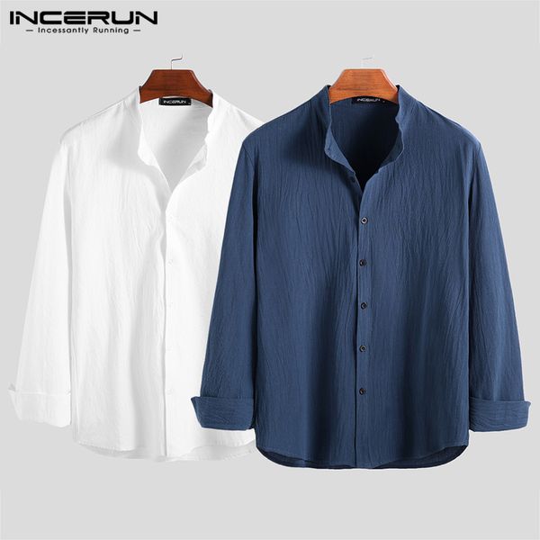 

incerun men vintage breathable button down shirts pure color long sleeve leisure blouse mens stand collar masculina 2019, White;black