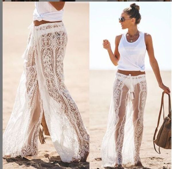 

summer ladies lace pants beach cover up trousers high waist pants, Black;white