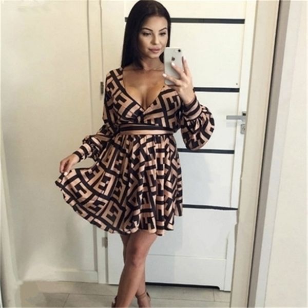 

FF Letters Print Loose Womens Dresses Deep Neck Long Sleeve Vintage Dresses Summer Sexy Ribbon Dress With Sashes