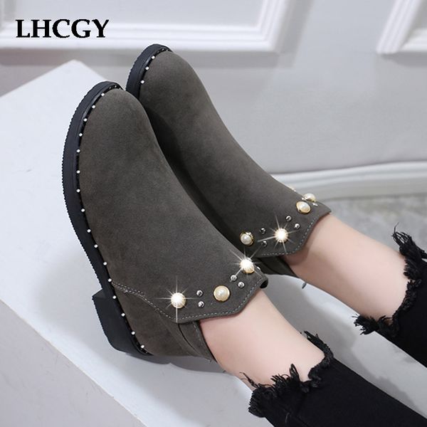 

2019 winter ankle boots for women shoes pearl boots black botas mujer chaussures femme punk flat boot bead ladies 7642