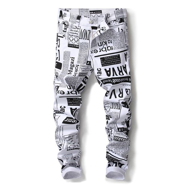 

new mens casual pants skinny men printing stretch slacks white pants trousers cotton streetwear hip hop summer spring, Black