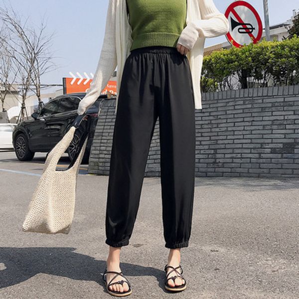 

2020 новое прибытие лодыжки длина брюки повседневные свободные шифон эластичный пояс твердые высокие плоские широкие брюки ноги, Black;white