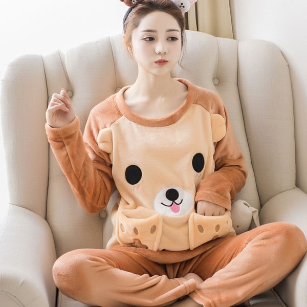 

winter flannel women sleepwear pajamas girls cartoon print pajama set pullover coral fleece pijamas mujer home lounge sets, Black;red