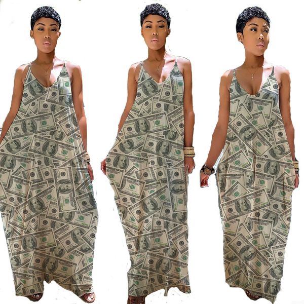 

Womens Summer V Neck Money Printed Abkle-Length Dresses Holiday Beach Fashion Casual Skirt Panelled Party Clothing