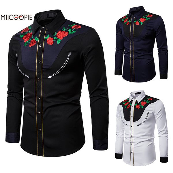 

rose embroidery casual long sleeved printed shirt slim fit male social business dress shirt brand men clothing soft comfortable, White;black