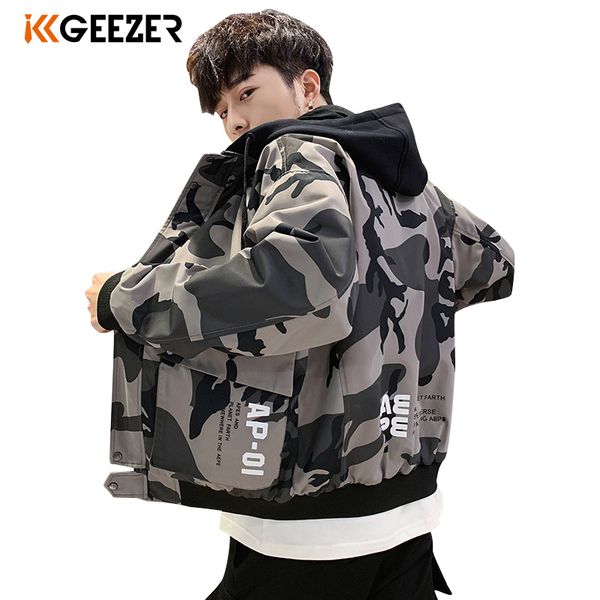 

mens jackets 2019 autumn hip hop camouflage streetwear big pocket bomber personality jacket windbreaker hooded outwear coat, Black;brown