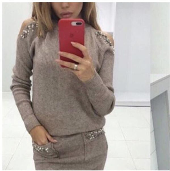 

two piece dress winter beading off shoulder women sweater suits knitted skirt set office ladies elegant party costumes suit, White