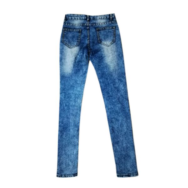 

newly ladies jeans elastic slim fit holes long pencil pants do99, Blue