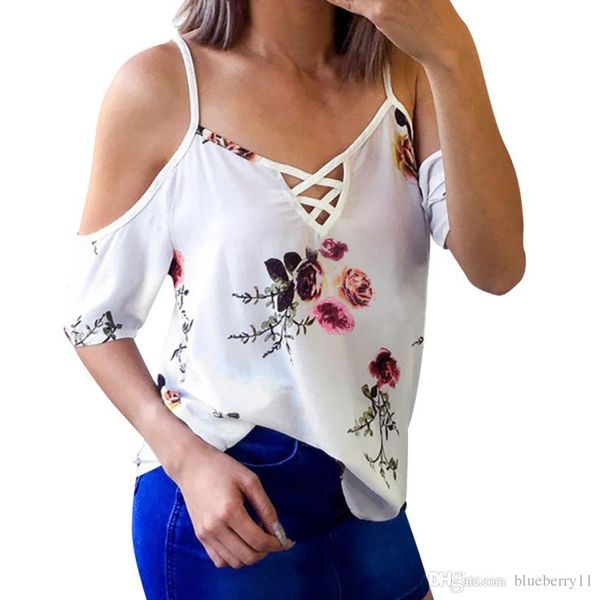 Mulheres Mulheres Senhoras Chiffon Blusas Tops Branco Azul Sexy Floral Impresso Ombro Frio Manga Curta Tops Blusa Blusa S-XL